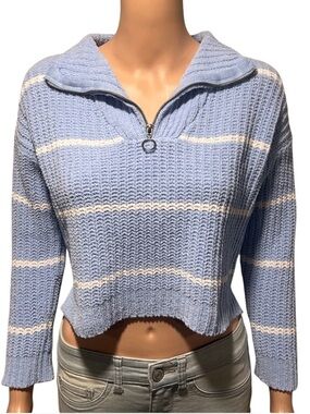 Elegant Blue and White Striped Women's Turtleneck Sweater
